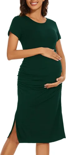 Vista 2 de Smallshow Vestido de maternidad dividido para mujer, manga corta, fruncido, ropa de embarazo