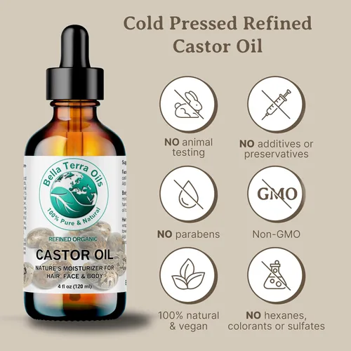 Vista 4 de Bella Terra Oils - Aceite de ricino orgánico botella de vidrio de 4 onzas - Sumérgete en la esencia de ricino orgánica pura, alta en ácidos grasos