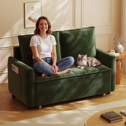 Vista 15 de Wrofly - Sofá cama de felpilla 3 en 1, sofá biplaza extraíble, beige y blanco Blanco beige