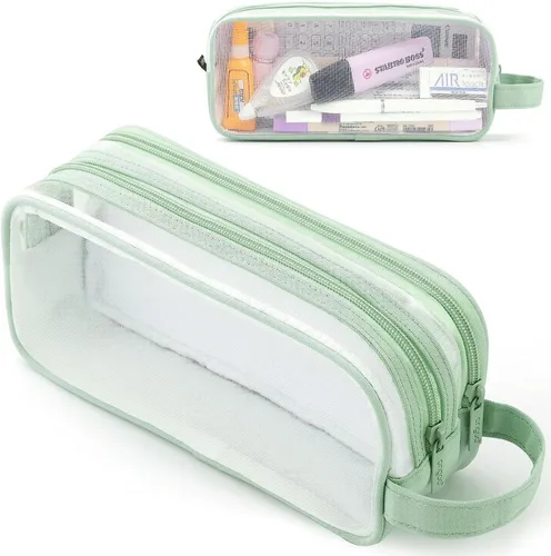 Vista 12 de Estuche grande de malla de malla con 2 compartimentos, bolsa transparente para lápices con cremallera, bolsa de papelería transparente multifunción