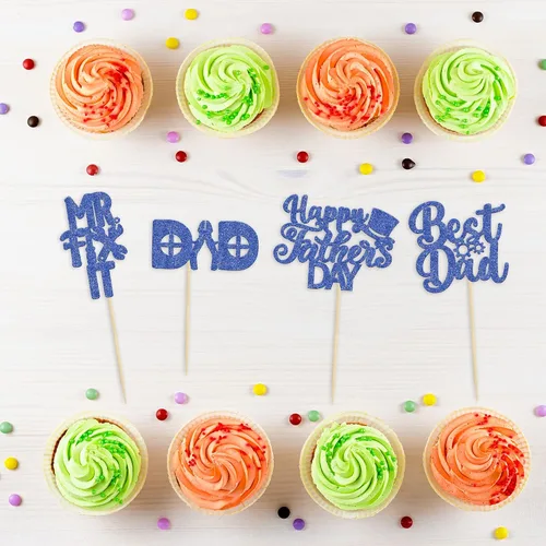 Vista 3 de 24 adornos para cupcakes con temática de sombrero para el Día del Padre, con purpurina azul, mejores selecciones de cupcakes para papá, decoraciones