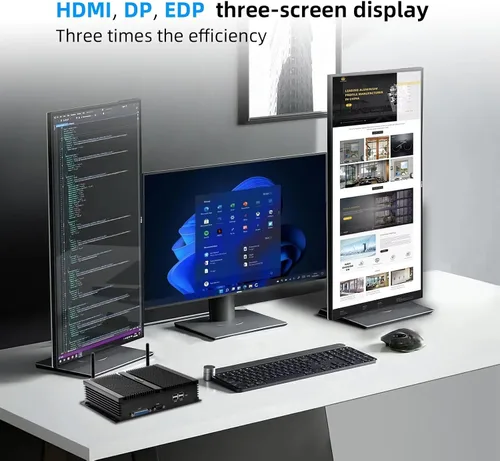 Vista 2 de PC sin ventilador, Mini PC industrial Core i7-8550U, Mini PC 8G DDR4 128G SSD, soporte de pantalla triple 4K@60Hz salida, HDMI, DP, EDP, Dual NIC