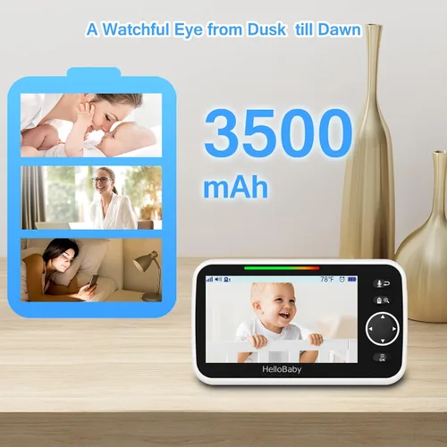 Vista 3 de HelloBaby Monitor con cámara y audio, pantalla de 5'' con transmisión de video de 16 horas, cámara remota con panorámica-inclinación-zoom