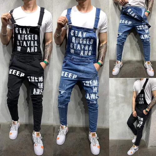Vista 4 de Overol de mezclilla para hombre, overol negro con letras de moda, ajustable, ropa de trabajo, ajustado, con bolsillos