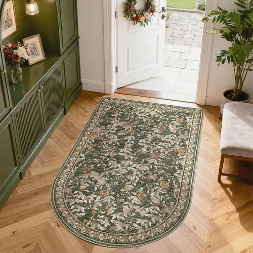 Vista 17 de jinchan Alfombra de entrada lavable vintage floral de medio círculo de 2 x Eden Azul/Verde