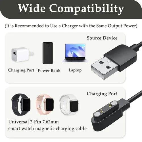 Vista 4 de Paquete de 2 cables de carga magnéticos para reloj inteligente, 2 pines de 0.300 in, cable de carga de repuesto compatible con reloj inteligente