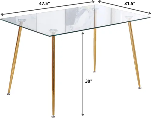 Vista 2 de Mesa de comedor rectangular de vidrio con patas doradas, mesa de cocina moderna de 47 pulgadas, mesa de comedor rectangular (rectangular básica)