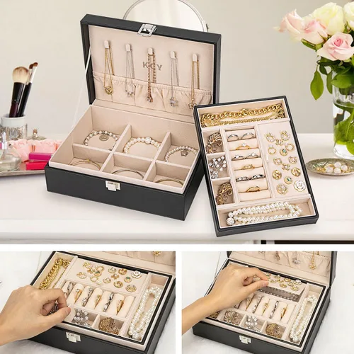 Vista 4 de KCY Organizador de joyas para mujeres y niñas, estuche grande de cuero sintético con soporte de exhibición de 2 capas y bandeja extraíble