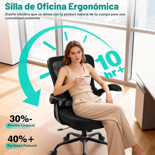Vista 5 de AreShark Silla de Oficina - Silla de Escritorio Ergonómica de Malla Respirable con Soporte Lumbar Ajustable y Reposabrazos Abatibles - Silla