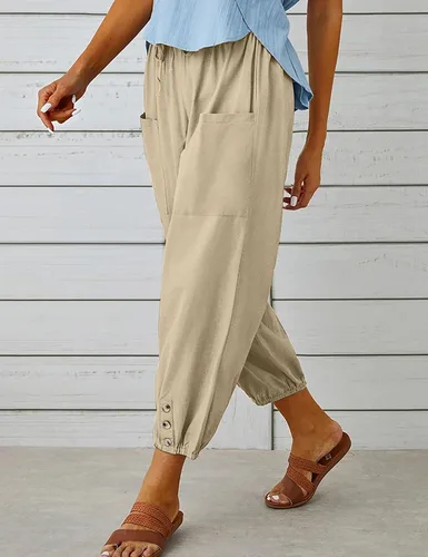 Vista 4 de Bozanly Pantalones capri holgados tipo harén para mujer, estilo casual, con bolsillos, para yoga y verano
