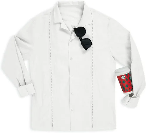 Vista 2 de Mens Linen Guayabera Shirt Long Sleeve Casual Button Down Mexican Embroidered Cuban Summer Wedding Tops