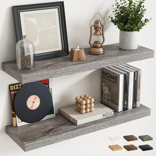 Vista 55 de Estantes flotantes cuadrados de 8 pulgadas para pared, paquete de 3, estantes de baño con veta de madera de 8"D con soportes invisibles, estantes