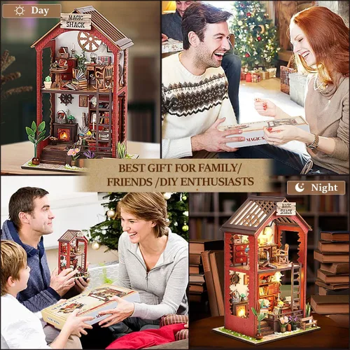 Vista 4 de Kits de manualidades para rincón de lectura DIY Booknook - Creatividad 3D, rompecabezas de madera con luces LED, decoración para estanterías - Kit
