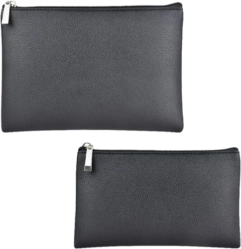 Vista 14 de Juego de 2 bolsas de maquillaje, pequeña bolsa de maquillaje con cremallera, bolsa de cosméticos portátil para viajes, bolsa de belleza de piel Negro