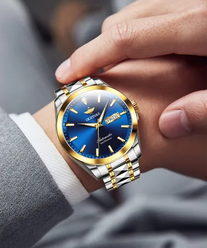 Vista 4 de OUPINKE Relojes automáticos para hombre, con diamantes reales, cuerda automática, mecánico, dorado, de lujo, reloj de pulsera impermeable