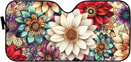 Vista 2 de HUGS IDEA Parasol plegable para parabrisas de automóvil, diseño de flores, bohemio, para la mayoría de los sedán, SUV, camión, parabrisas delantero