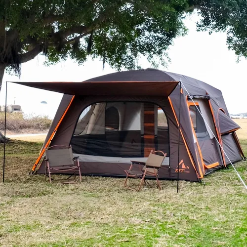 Vista 2 de KTT Extra Large Tent 12-14 Person,Family Cabin Tents,2 Bay-Windows,2 Rooms and 3 Doors 3 Windows with Mesh,Waterproof,Straight Wall,Double Layer,Big