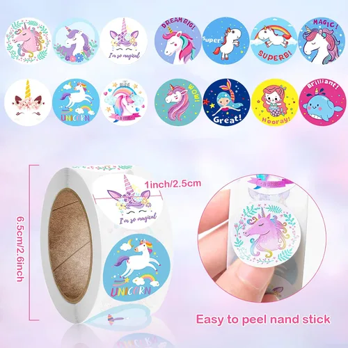 Vista 2 de 1000 calcomanías Unico, lindas calcomanías de unicornio, rollo de calcomanías de 1 pulgada, autoadhesivas, calcomanías para manualidades escolares