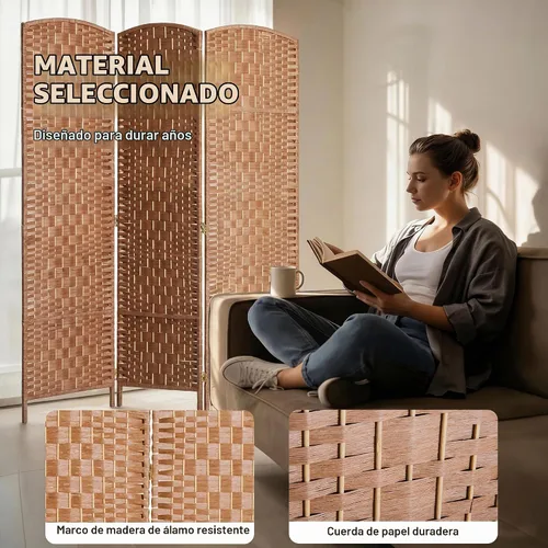 Vista 5 de HOMCOM – Separador de ambientes de 3 paneles plegables, pantalla divisora de privacidad de 6 pies (1.8 m) de alto, partición de pared de mimbre