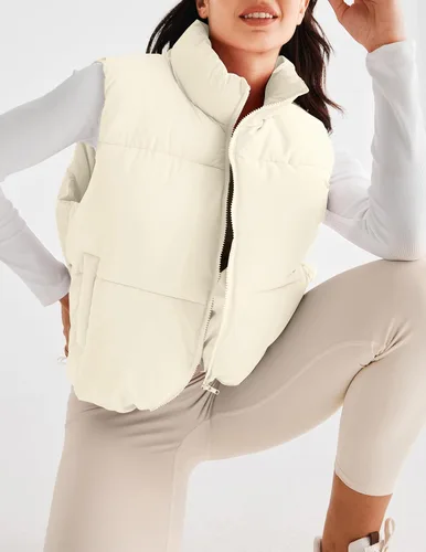 Vista 4 de MEROKEETY Chaleco acolchado para mujer, cuello alto, con cremallera, sin mangas, con bolsillos