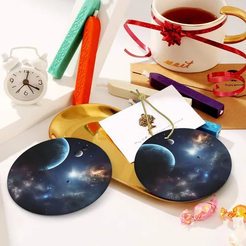 Vista 6 de Adorno de Navidad redondo colgante de Navidad, luna, estrellas y planetas, árbol de Navidad, cerámica, adorno colgante de cerámica personalizado