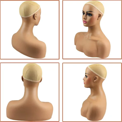 Vista 5 de Voloria Cabeza de maniquí femenina realista con maniquí de hombro, cabeza de PVC, busto de peluca, soporte para pelucas, peinado, gafas de sol