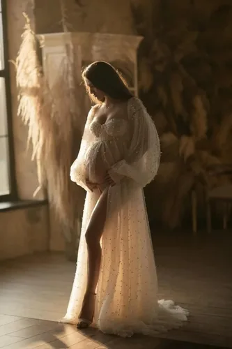 Vista 2 de SUOLUOS Vestidos de maternidad de tul perlado para sesión de fotos, hombros descubiertos, lencería nupcial, vestidos de embarazo para baby shower