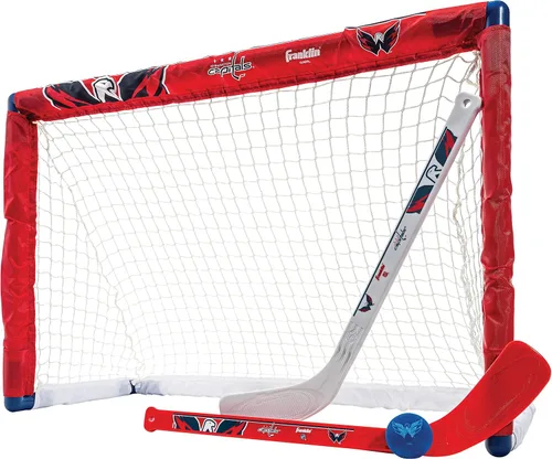 Vista 13 de Franklin Sports NHL - Juego de mini hockey para niños, portería de hockey sobre rodilla, pelota + 2 palos, juego de juguetes para interiores