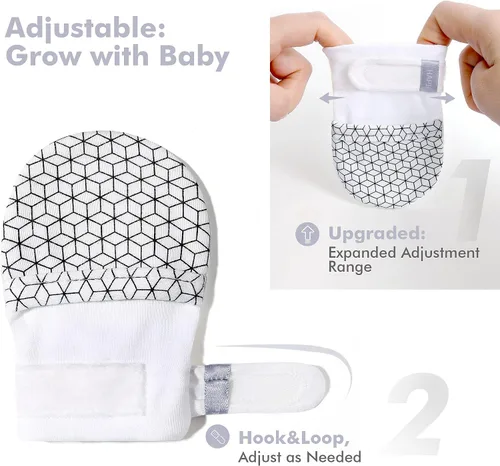 Vista 3 de HAPIU Manoplas para bebé que no se rayan, 100% algodón transpirable, guantes ajustables para niños y niñas, recién nacidos, 12 M