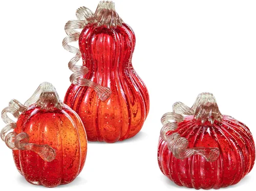 Vista 11 de Glitzhome Calabaza de cristal soplada a mano 3pcs Calabaza de cristal de otoño, azul/blanco