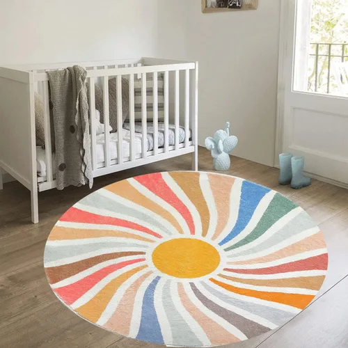 Vista 3 de Poowe Alfombra redonda con diseño de arco iris, colorida alfombra bohemia para niños, ultra suave, lavable, alfombra para habitación del cuarto