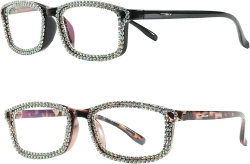 Vista 3 de willochra 2 gafas de lectura con diamantes de imitación para mujer, cuadrados, con bloqueo de luz azul, gafas de computadora