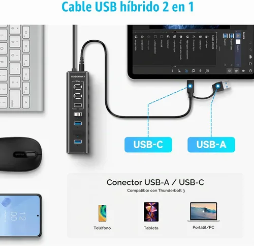 Vista 4 de Concentrador USB alimentado, concentrador USB 3.2/USB C de 7 puertos Rosonway con USB-A 3.2 de 10 Gbps, 2 USB-C 3.2, 4 puertos USB 3.0