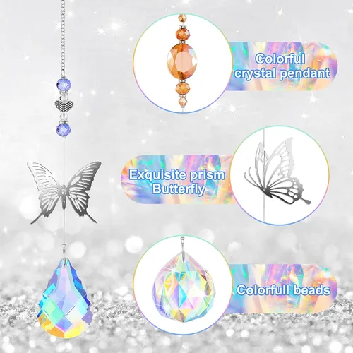 Vista 4 de Hicarer 7 Piezas de Cristales Atrapasoles Mariposa Prisma Atrapasoles de Cristal Colorido Candelabro Arcoíris Adorno de Árbol de Navidad Colgante
