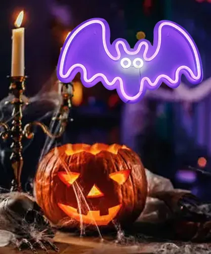 Vista 3 de Letrero LED de neón con forma de murciélago, luz de neón morada para fiestas, bares y decoración del hogar