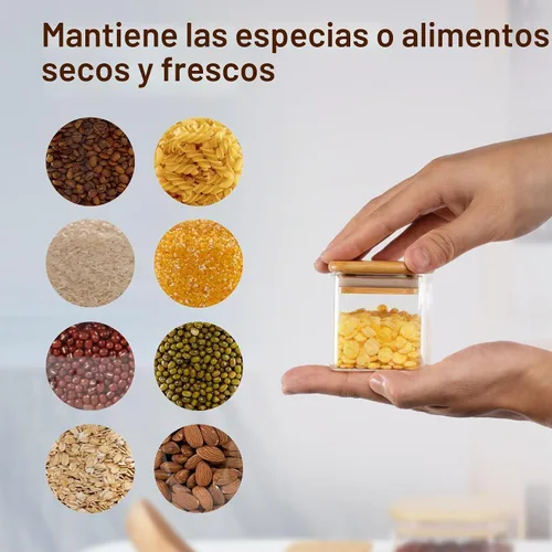 Vista 4 de D2scrma Recipientes herméticos cuadrados para especias de 5 onzas con tapa de bambú, juego de 12 con etiquetas negras, frasco apilable para especias