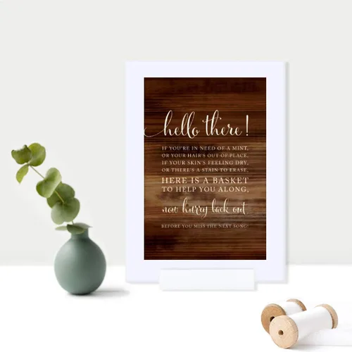 Vista 2 de Andaz Press Letreros enmarcados para fiesta de boda, impresión de madera rústica, 4 x 6 pulgadas, cartel de cesta de baño, 1 paquete, incluye marco