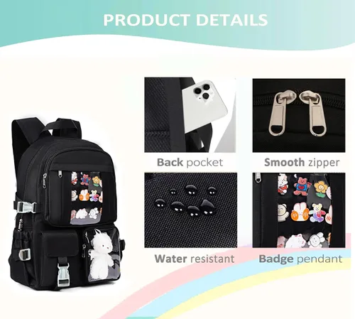 Vista 5 de Mochila Kawaii para niñas adolescentes, bonita mochila estética para escuela secundaria y universidad con accesorios, Negro oscuro, Mediana