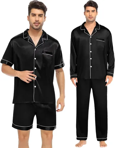 Vista 3 de SWOMOG Conjunto de pijama de seda satinada para hombre, 3 piezas, ropa de dormir de manga corta, con botones, ropa de dormir clásica