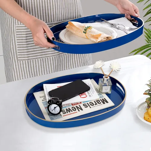 Vista 4 de MAONAME - Bandejas de servir azules con asas, bandeja decorativa ovalada para mesa de café, juego de bandejas anidadas de 2, bandeja de tocador