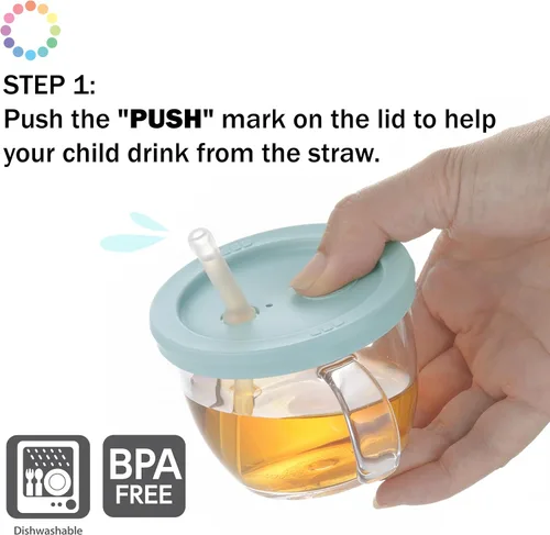 Vista 6 de Push Flow - Vaso para sorber de entrenamiento con popote de silicona y asas, 5 onzas, para bebé de 6 meses + azul claro