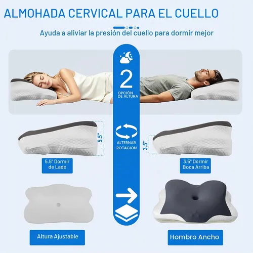 Vista 3 de Almohada cervical para el cuello, almohada ergonómica de espuma viscoelástica para dormir de lado, dormir boca abajo y dormir de espalda, almohada