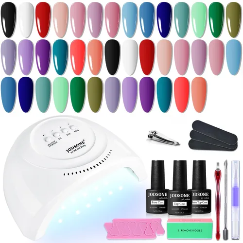 Vista 19 de JODSONE Juego de 23 esmaltes de uñas de gel con base, capa superior brillante y mate, multicolor, de larga duración, adecuado para todas