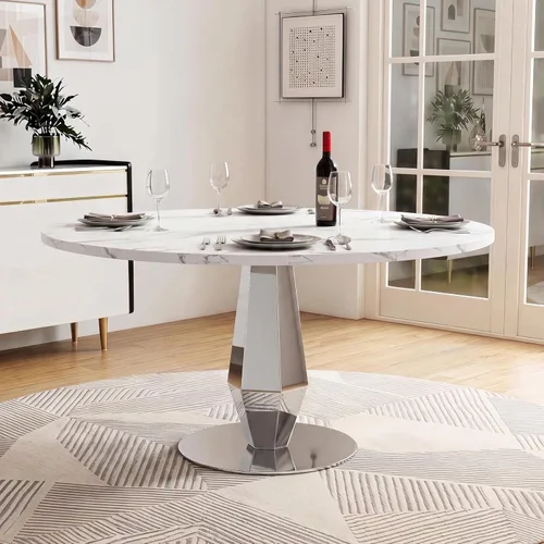 Vista 13 de Henf Mesa de comedor redonda de mármol sintético para 4 a 6 personas, mesa de cocina moderna de oro blanco de 47 pulgadas con base de acero Mesa