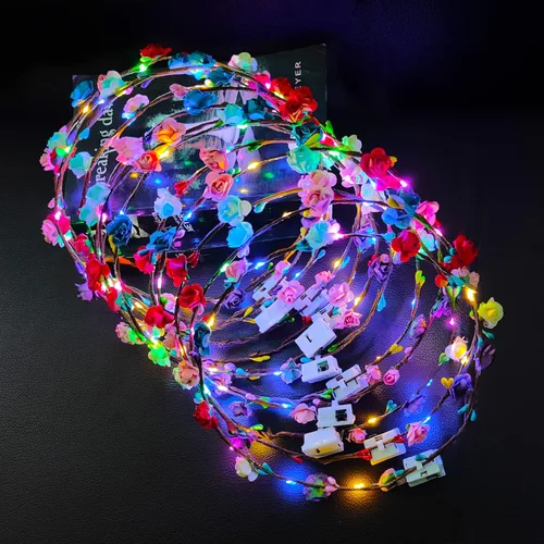Vista 3 de PTHTECHUS Paquete de 12 diademas de flores LED, corona de Halloween que brilla en la oscuridad, suministros de fiesta, tocado de corona para hombres