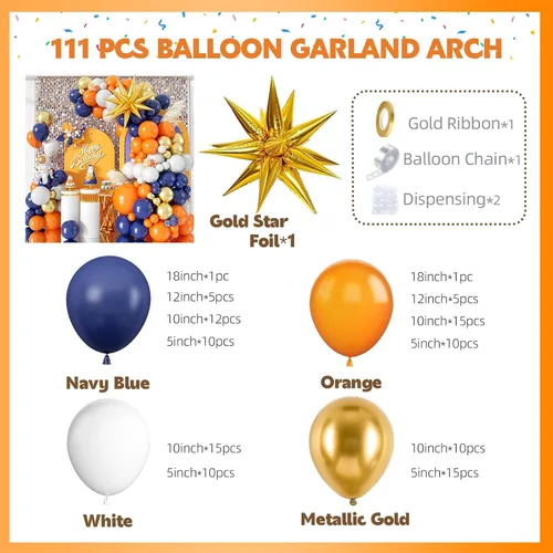 Vista 2 de Kit de arco de guirnalda de globos azules y naranjas, 107 globos de látex azul oscuro, blanco y naranja, lámina de estrella dorada para cumpleaños