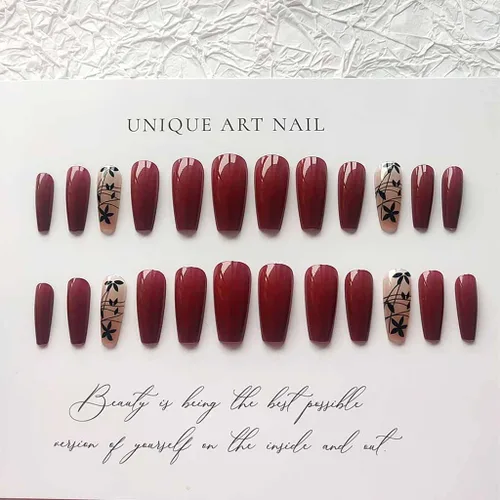 Vista 4 de RikView Uñas acrílicas de presión larga, uñas postizas de ataúd rojo con diseño de otoño, cubierta completa, 24 unidades/juego