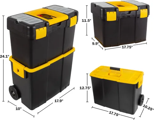 Vista 2 de Caja de herramientas portátil con ruedas - Caja de herramientas 2-en-1 apilable con asas plegables cómodas, cierres resistentes y bandejas