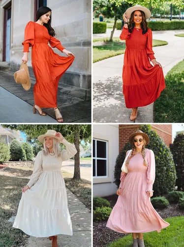 Vista 8 de ZESICA Vestido midi casual de manga larga con cuello redondo, cintura alta, fruncido, fluido y escalonado para mujer