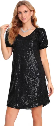 Vista 3 de Camiseta de manga corta con cuello en V y lentejuelas para mujer, talla grande, mini vestido con cinturón, vestidos de cóctel brillantes